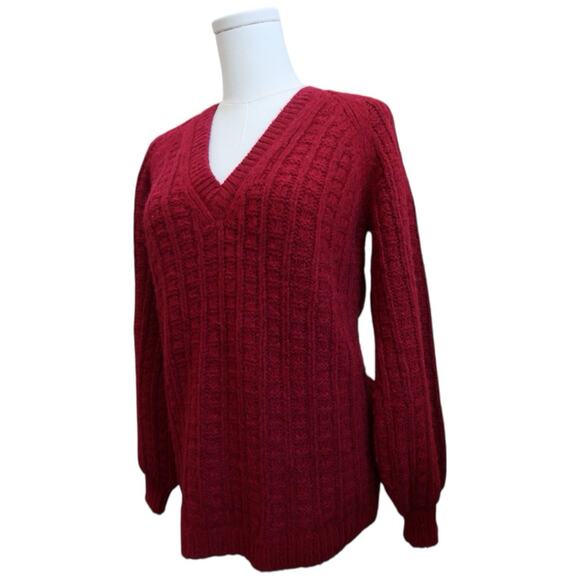 Faherty Aria Burgundy Wool and Alpaca Knit Sweater V-Neck Balloon Sleeves Size S - Picture 5 of 15